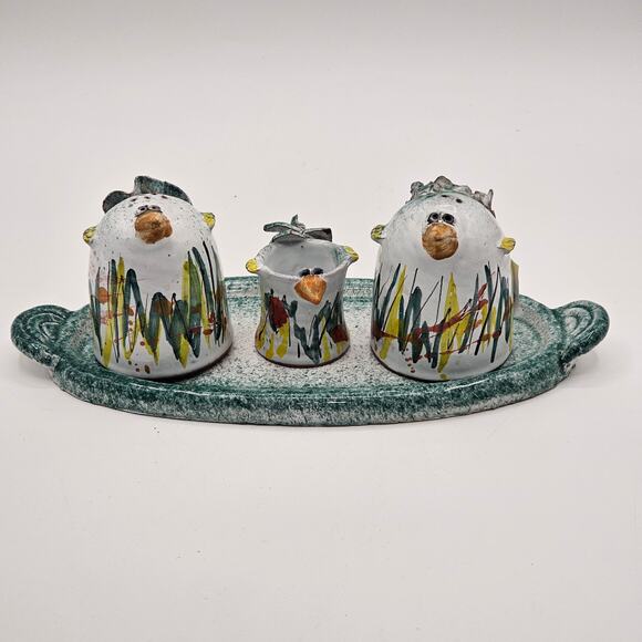 Whimsical Hand Painted Bird Salt & Pepper Shakers & Caddy Pottery Kitchen Decor - Picture 7 of 10